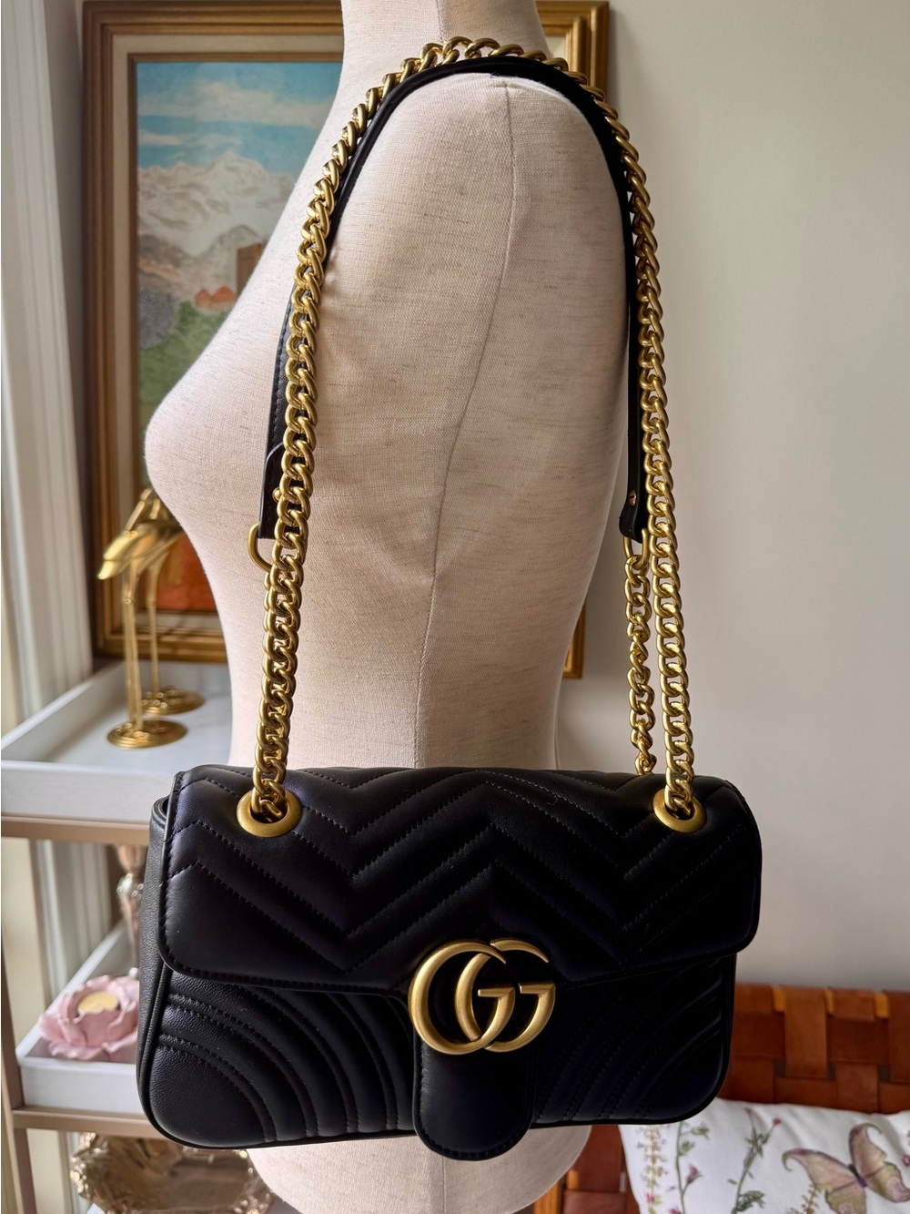 Iconic staple Black Quilted Shoulder Bag with Gold Double-G Accent
